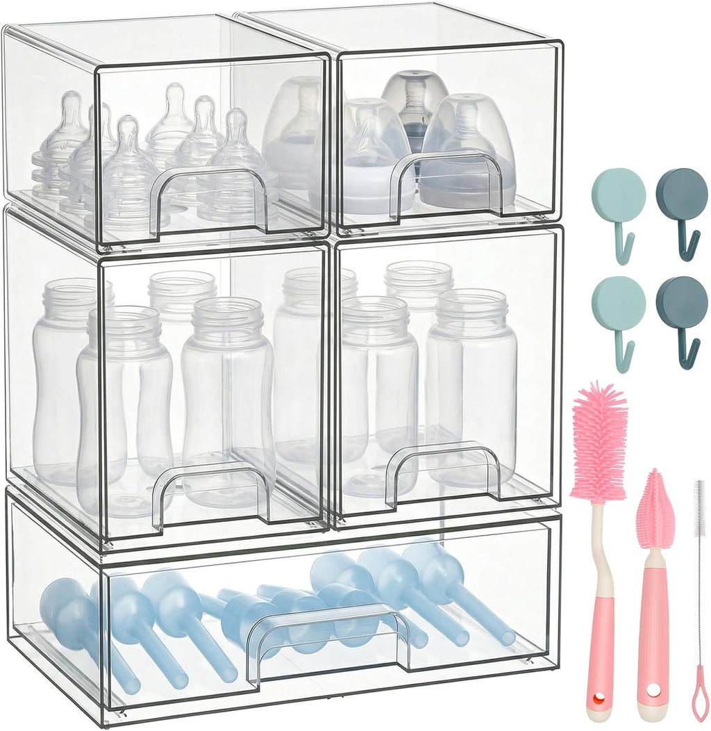 POLRAI 5 Pack Baby Bottles Organizer with Brush and Hooks, Stackable Acrylic Storage Boxes for Baby Bottles, Makeup, Small Items, Clear Storage Containers for Kitchen, Bathroom, Bedroom, Cabinet