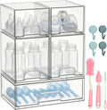 POLRAI 5 Pack Baby Bottles Organizer with Brush and Hooks, Stackable Acrylic Storage Boxes for Baby Bottles, Makeup, Small Items, Clear Storage Containers for Kitchen, Bathroom, Bedroom, Cabinet
