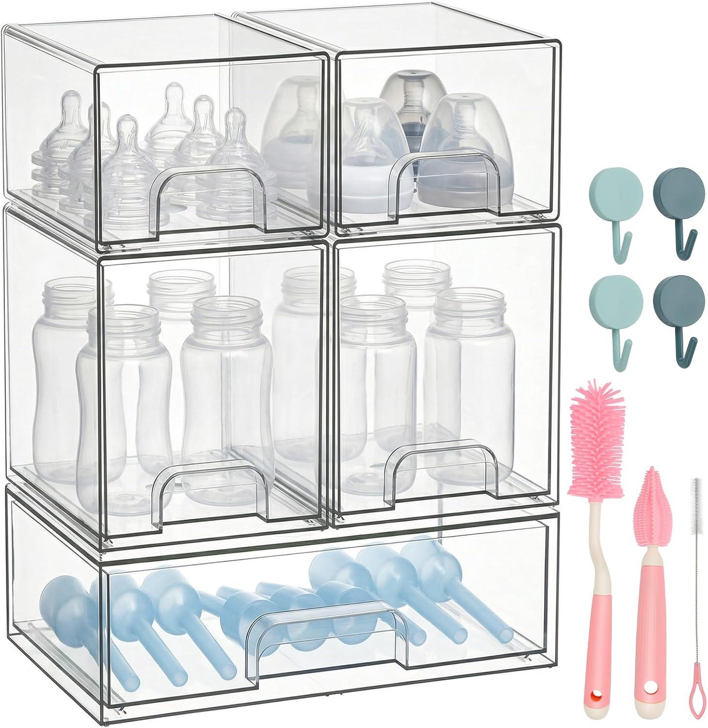 POLRAI 5 Pack Baby Bottles Organizer with Brush and Hooks, Stackable Acrylic Storage Boxes for Baby Bottles, Makeup, Small Items, Clear Storage Containers for Kitchen, Bathroom, Bedroom, Cabinet