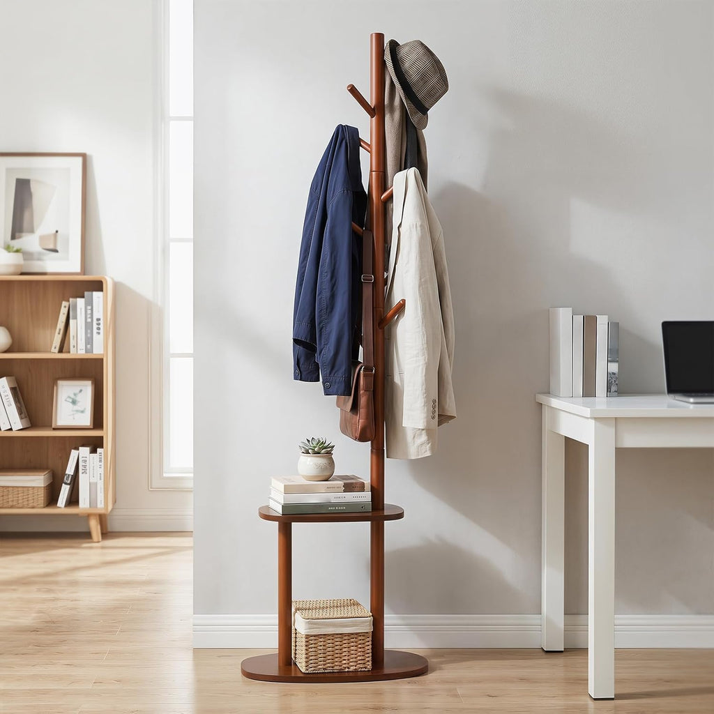 Giantex Coat Rack Freestanding, 70" Solid Wood Clothing Rack with 8 Hooks and 2 Storage Shelves, Wooden Hall Tree for Coats, Hats & Bags, Tall Coat Hanger Stand for Entryway, Living Room, Bedroom