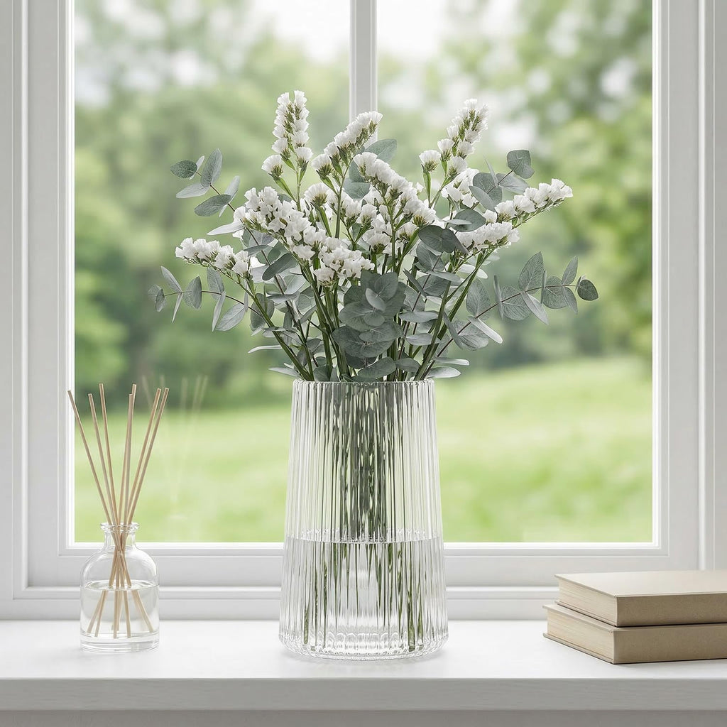 Clear Glass Vase for Flower, Flower Vase for Bouquet, Modern Glass Vases, Ribbed Vases for Living Room, Bedroom, Dining Table, Office, Wedding, Centerpieces, 8 Inches