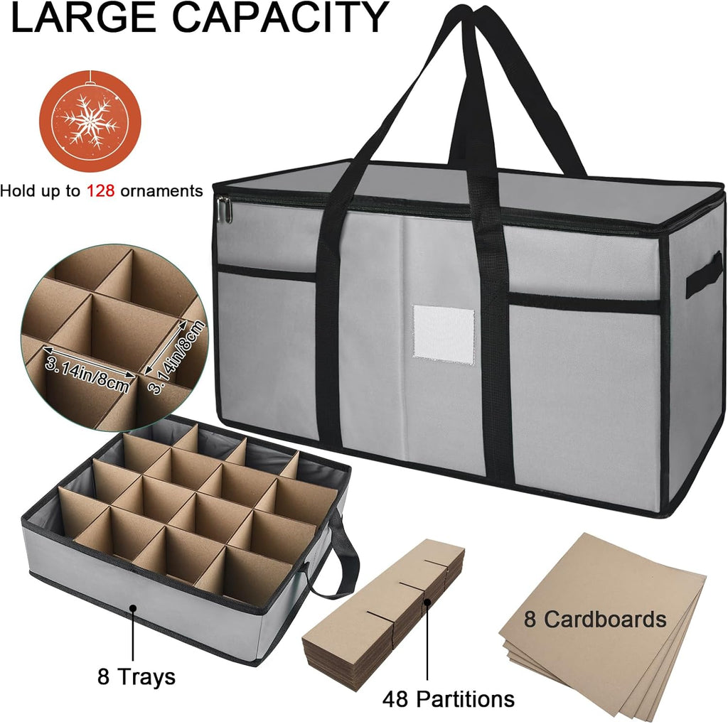 Christmas Ornament Storage Box with Dividers, Christmas Balls Storage Containers with Zipper & 8 Removable Trays, Holds Up to 128 Balls - 600D Oxford Christmas Decoration Storage Organizer (Gray)