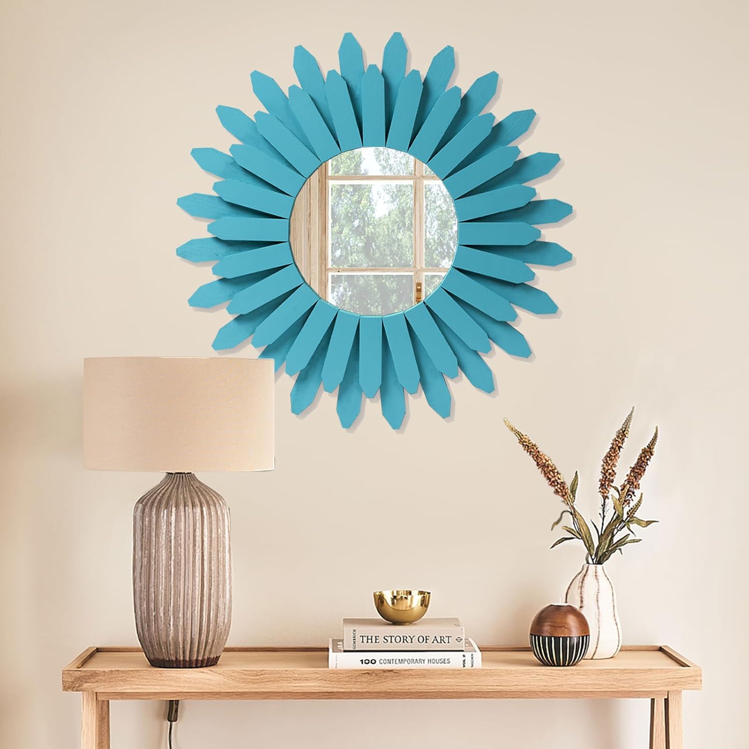 Honiway Beach Wall Decor Mirror 21 inch Wood Coastal Wall Decor Sunburst Boho Home Decor Room Decor for Bedroom Living Room Entryway Cyan