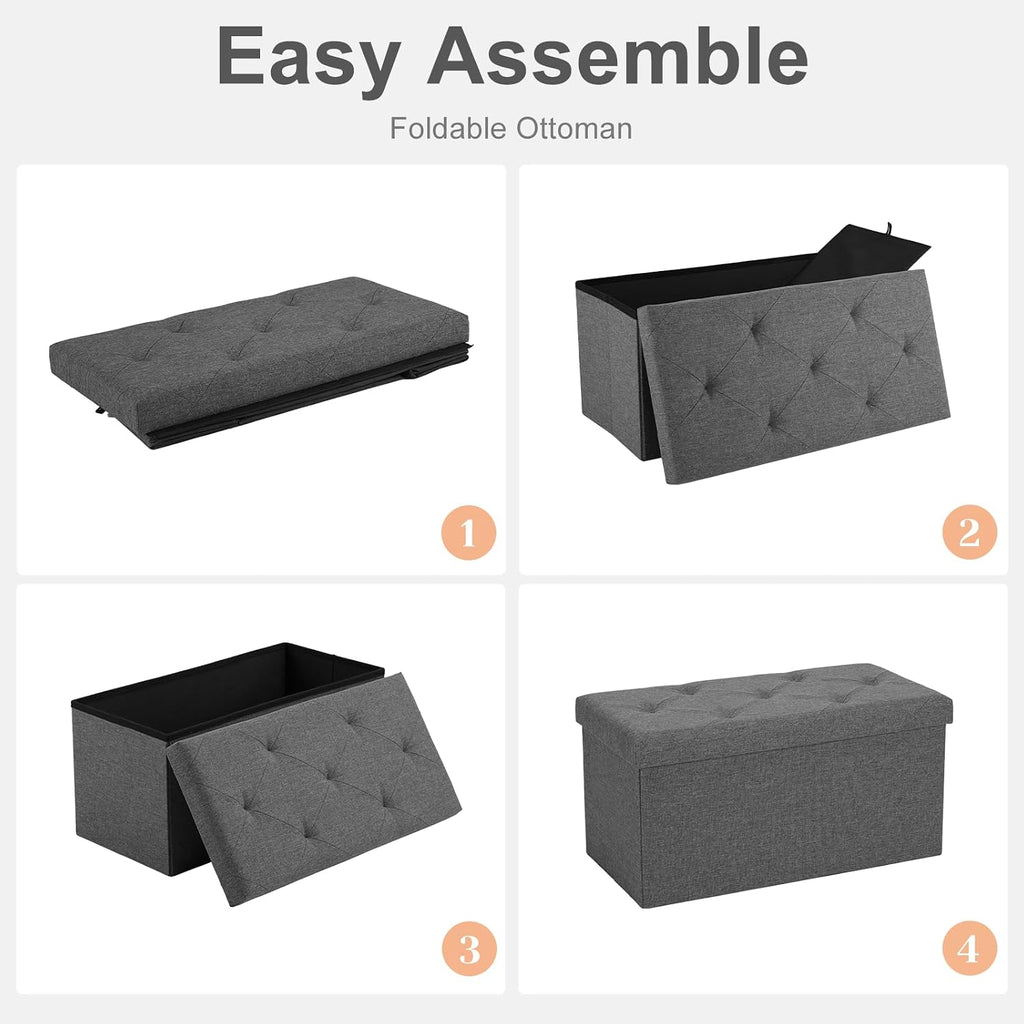 Sweetcrispy 30 Inch Folding Storage Ottoman Bench, Large Hidden Storage Chest with Padded Seat, Foot Rest Stool Supports Up to 660Lbs, End of Bed Bench for Bedroom, Living Room, Linen Fabric, Grey