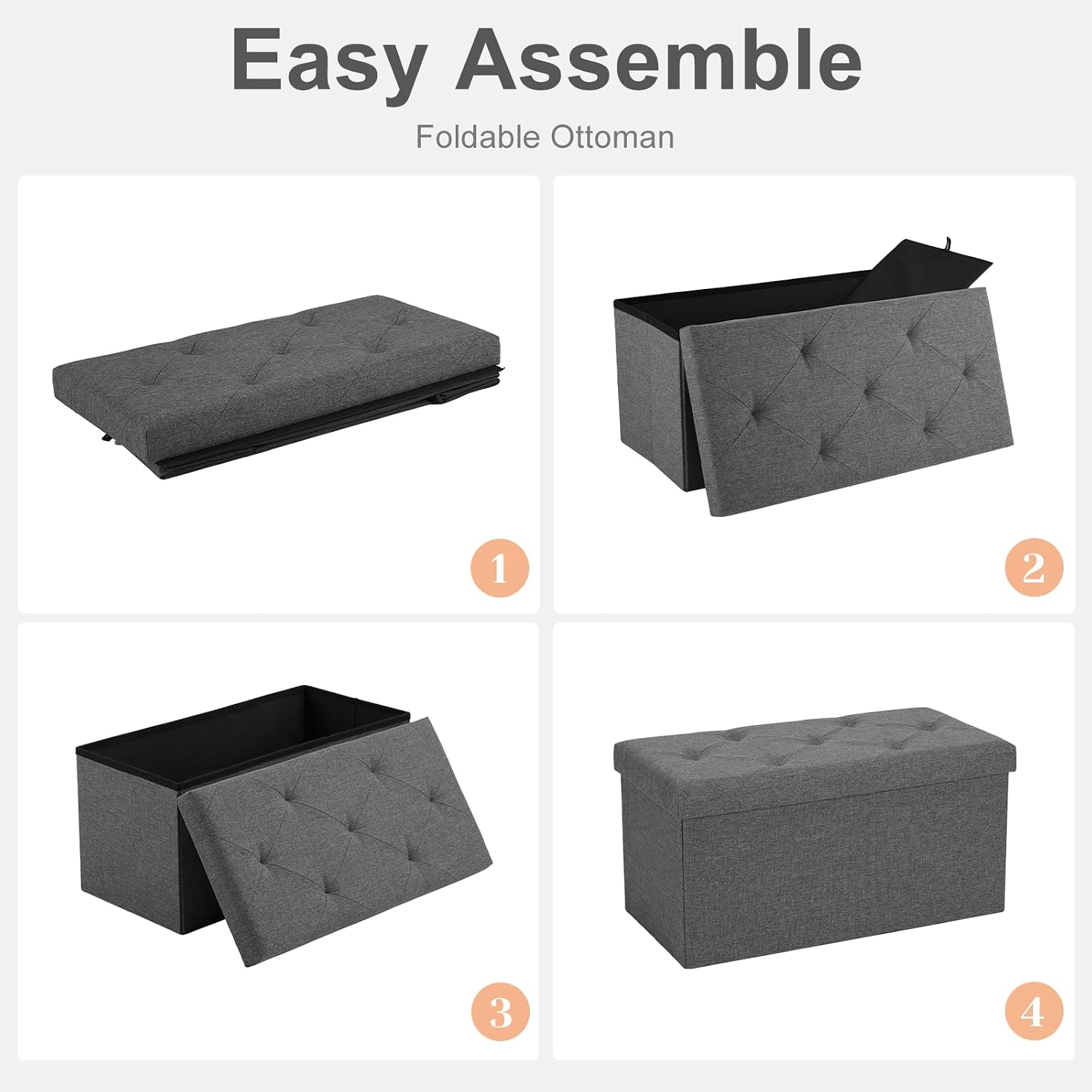 Sweetcrispy 30 Inch Folding Storage Ottoman Bench, Large Hidden Storage Chest with Padded Seat, Foot Rest Stool Supports Up to 660Lbs, End of Bed Bench for Bedroom, Living Room, Linen Fabric, Grey