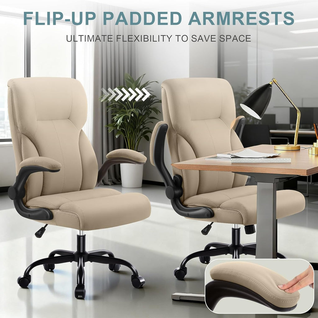 Executive Office Chair,High Back Ergonomic Comfy Desk Chair with Padded Flip-up Armrests and Wheels,PU Leather Heavy Duty Computer Swivel Rolling Task Chair for Home Office,Adults,Khaki