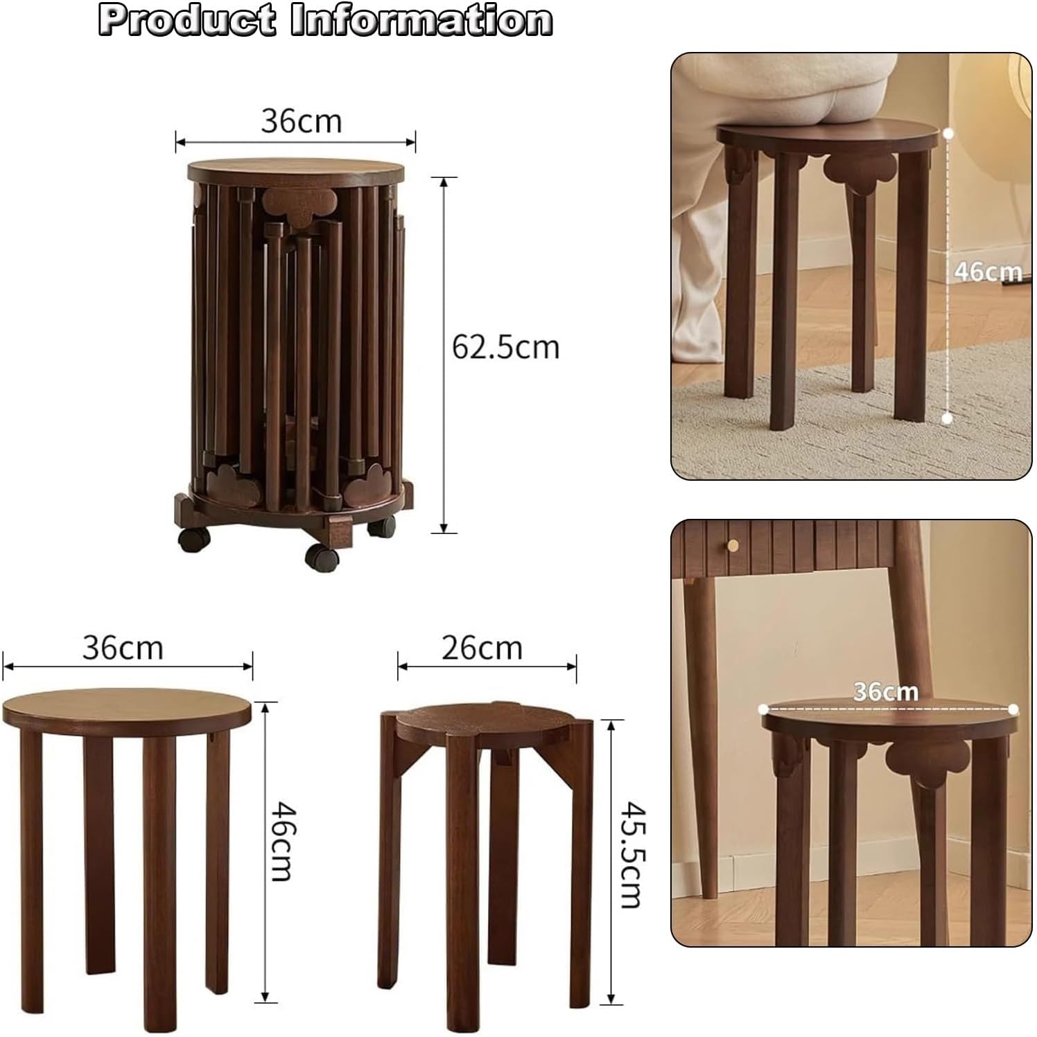 Stackable Stools Set of 6, Round Wooden Nesting Stools with Locking Casters, 360°Swivel Versatile Side Table for Living Room, Office, Classroom(Cherry)