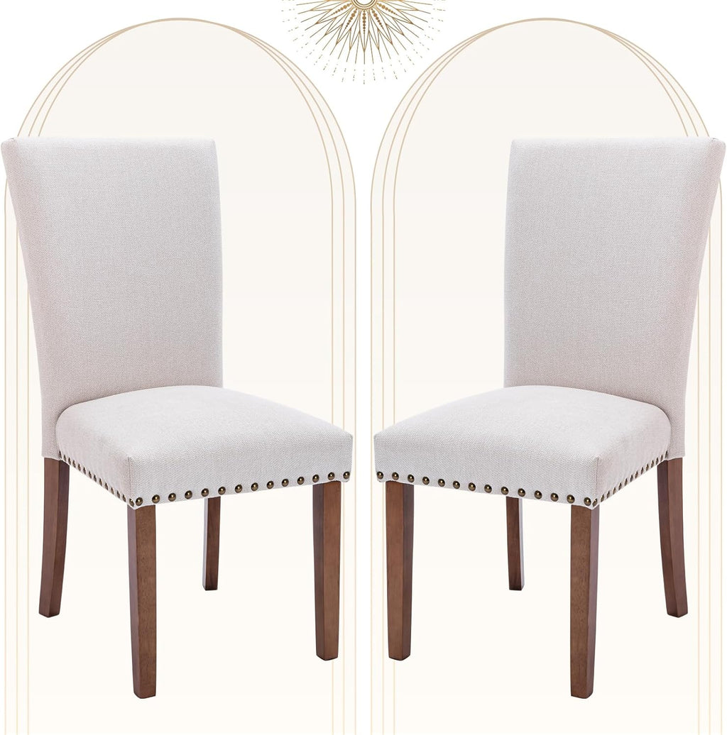 COLAMY Upholstered Dining Chairs Set of 2, Parsons Style Side Chairs with Nailhead Trim and Solid Wood Legs, Comfortable Linen Fabric for Kitchen & Dining Room – Beige