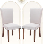 COLAMY Upholstered Dining Chairs Set of 2, Parsons Style Side Chairs with Nailhead Trim and Solid Wood Legs, Comfortable Linen Fabric for Kitchen & Dining Room – Beige