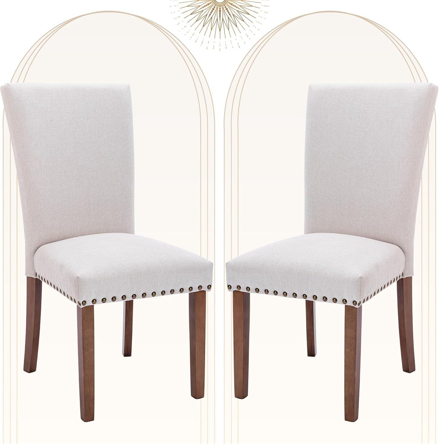 COLAMY Upholstered Dining Chairs Set of 2, Parsons Style Side Chairs with Nailhead Trim and Solid Wood Legs, Comfortable Linen Fabric for Kitchen & Dining Room – Beige