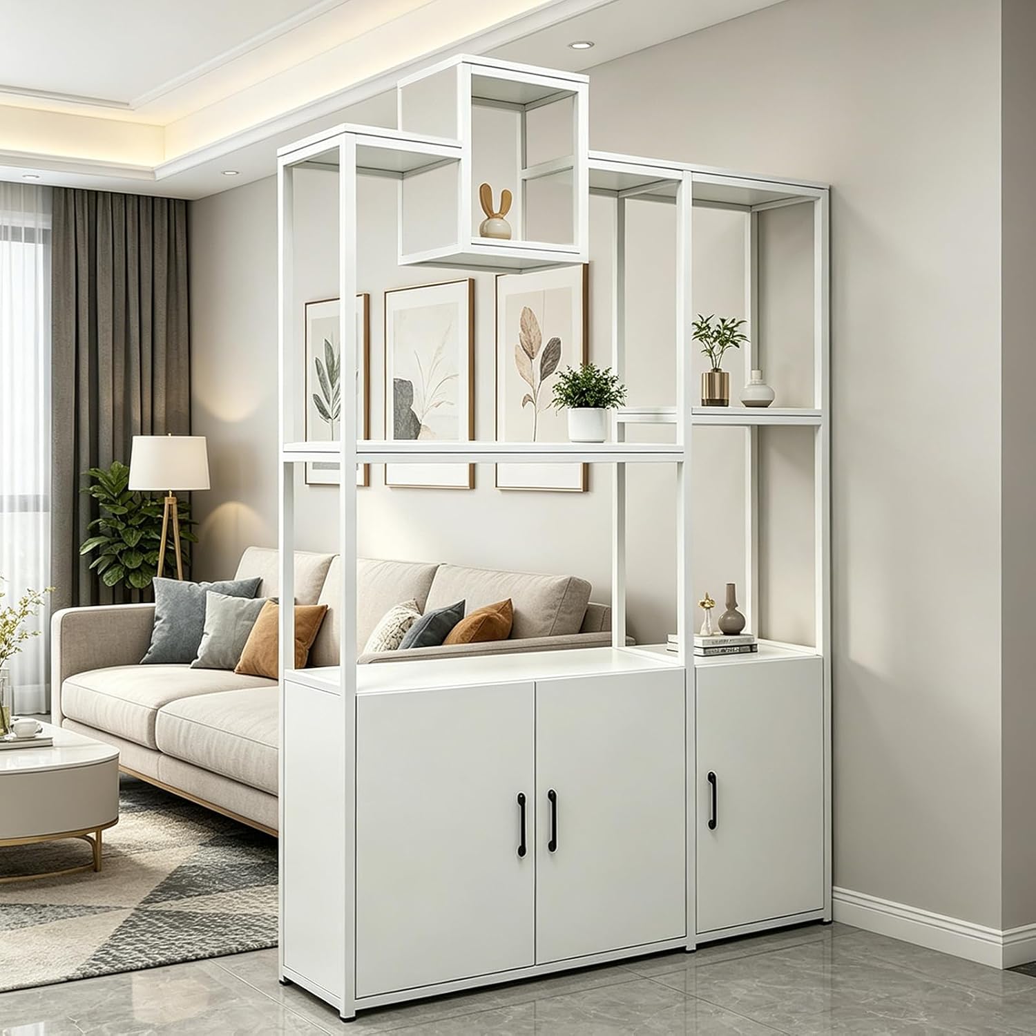 Room Divider with Shelves, Modern Open Shelf Storage Cabinet, Privacy Screens Room Partition Cabinet with Storage Shelf, Suitable for Home or Office Decoration (White, 140cm/55.1in)