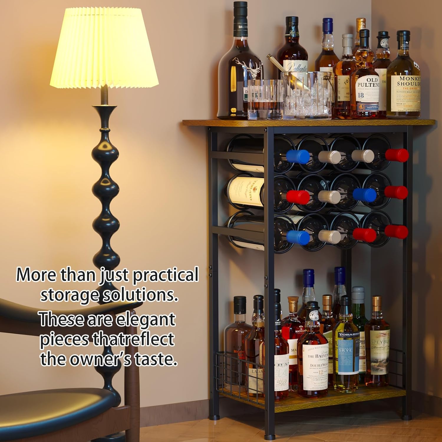 3-Tier Wine Rack Freestanding Floor Cabinet Corner Bar Cabinet Bar Cart,12 Individual Wine Storage Bottle Compartments Corner Bar Cabinet Holder,Wood + Black Frame Liquor Cabinet,Small Shelf For Homes
