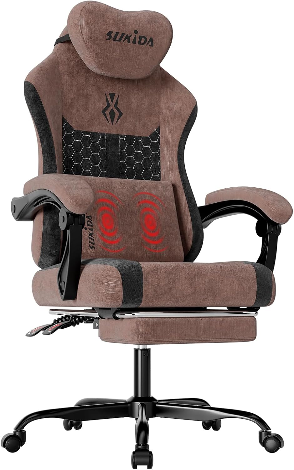 SUKIDA Fabric Video Gaming Chair, Ergonomic High-Back Computer Game Chairs with Large Massage Adjustable Lumbar Support, Headrest and Linked Armrests for Long Hours Sitting Task Chair, Brown