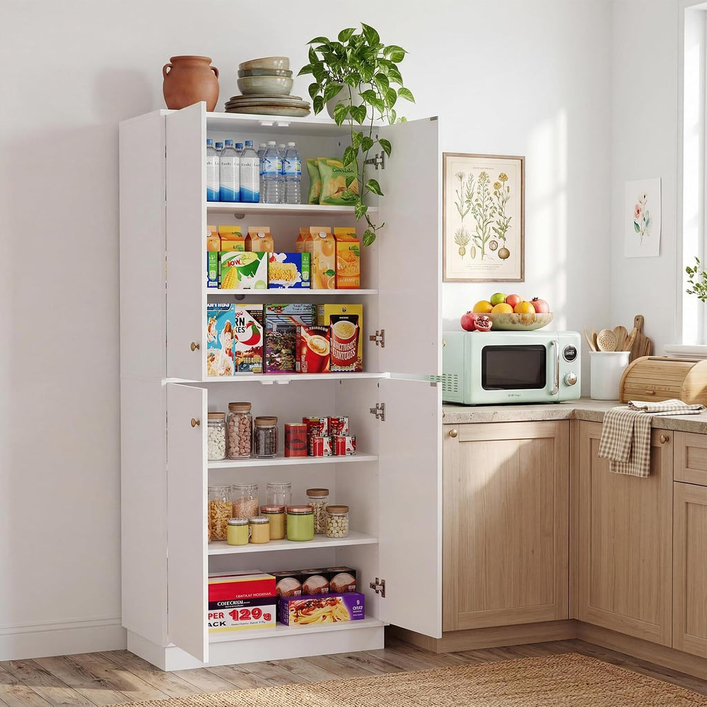 Garvee Kitchen Pantry Cabinet, 68'' Pantry Storage Cabinet with 4 Doors and 4 Adjustable Shelves, Wooden Freestanding Cupboard for Kitchen, Dining Room and Living Room and Bedroom, White