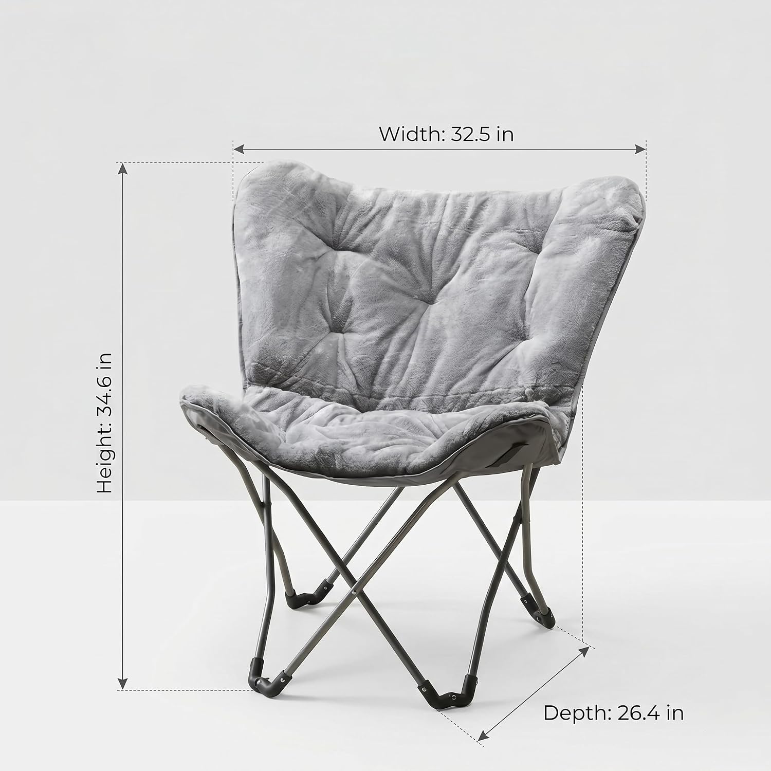 Folding Butterfly Chair, Plush Faux Fur Accent Chair with Durable Steel Frame, Portable Lazy Lounge Chair for Bedroom, Dorm, Apartment, Living Room, Reading and Gaming (Gray)