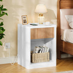 CHOEZON Fluted Nightstand with Charging Station, 19" Wide Side Table with Drawer, Bedside Table with Open Compartment, End Table Sofa Side Table for Bedroom, White and Natural MBZ14UWN