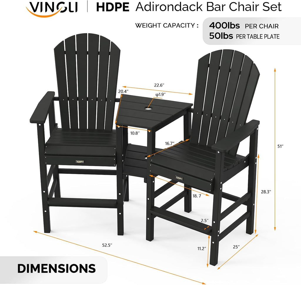 VINGLI Tall Adirondack Chairs Set of 2 with Dual Trays, All-Weather HDPE Outdoor BarStools Poly Deck Chairs for Patio, Poolside and Balcony (Black)