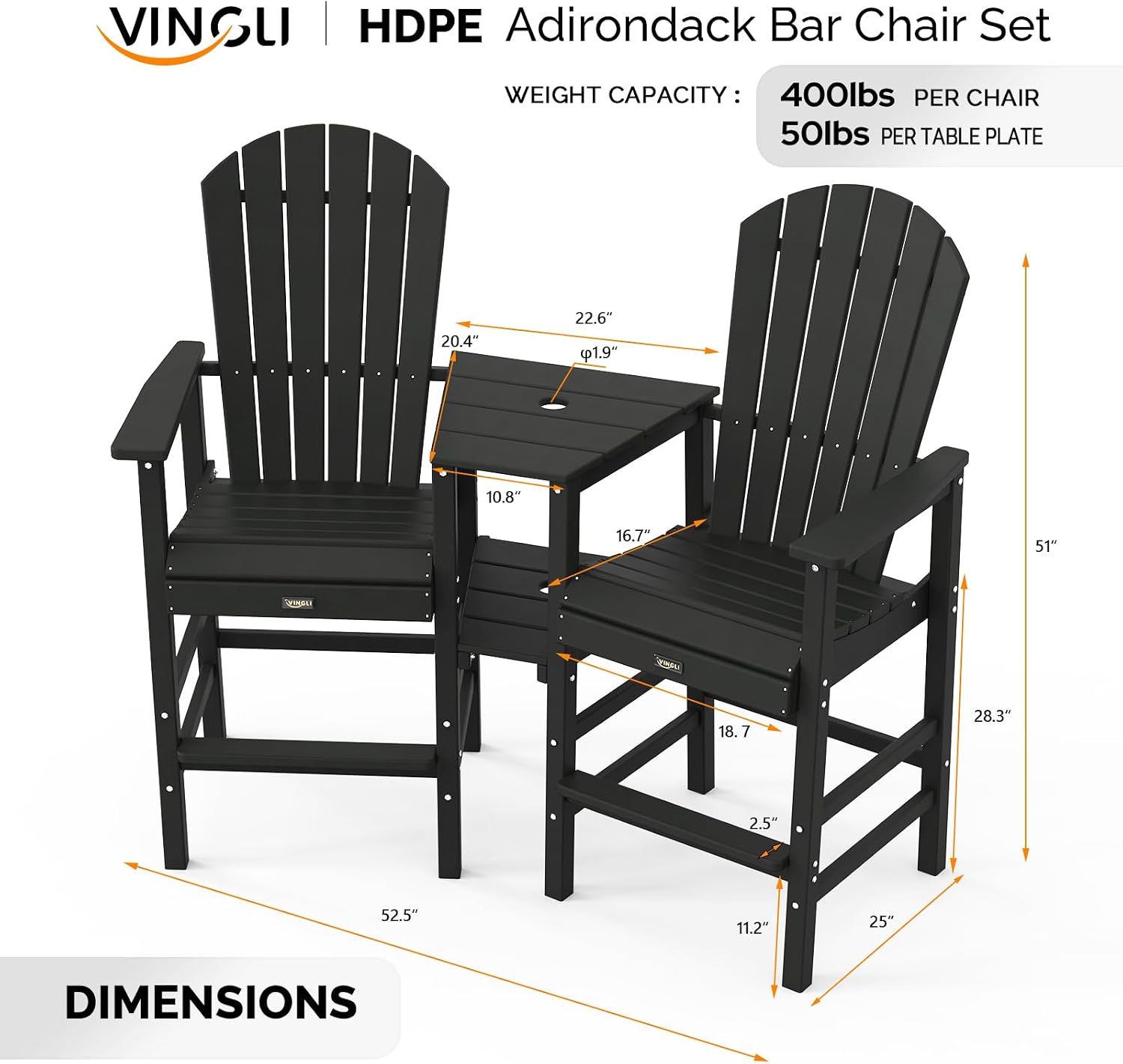 VINGLI Tall Adirondack Chairs Set of 2 with Dual Trays, All-Weather HDPE Outdoor BarStools Poly Deck Chairs for Patio, Poolside and Balcony (Black)