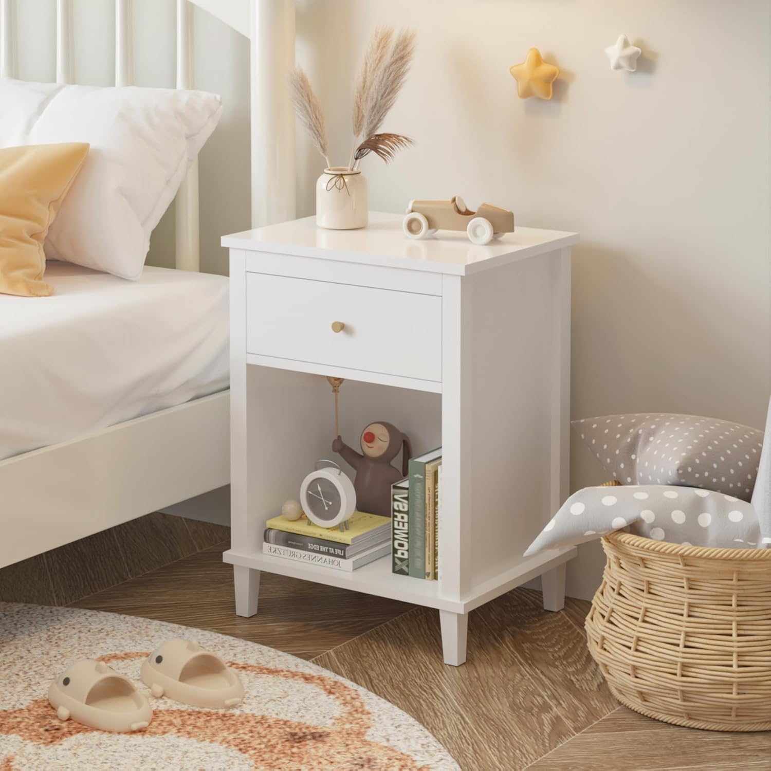 Kids Nightstand with One Drawer, 26.77''H Wooden Toddler Night Stand for Girls Bedroom, End Table One Shelf for Living Room, Small Modern Kids Bedside Table, White