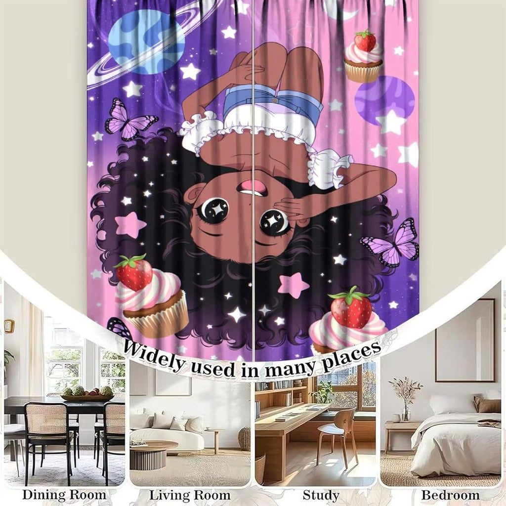 Black Girl Curtains, Cute Cartoon Window Drapes with Space Butterflies and Cupcakes, Room Darkening Privacy Treatments for Kids Nursery Bedroom31.5 W x 72" L (Pack of 2)