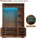 Hall Tree with Bench and Shoe Storage, Rattn Entryway Bench with Coat Rack | 39.4 inch Hall Tree with LED Lights & 6 Storage Cubbies, 7 Coat Hooks, 5-in-1 Shoe Cabinet with Rattan Doors for Small Space