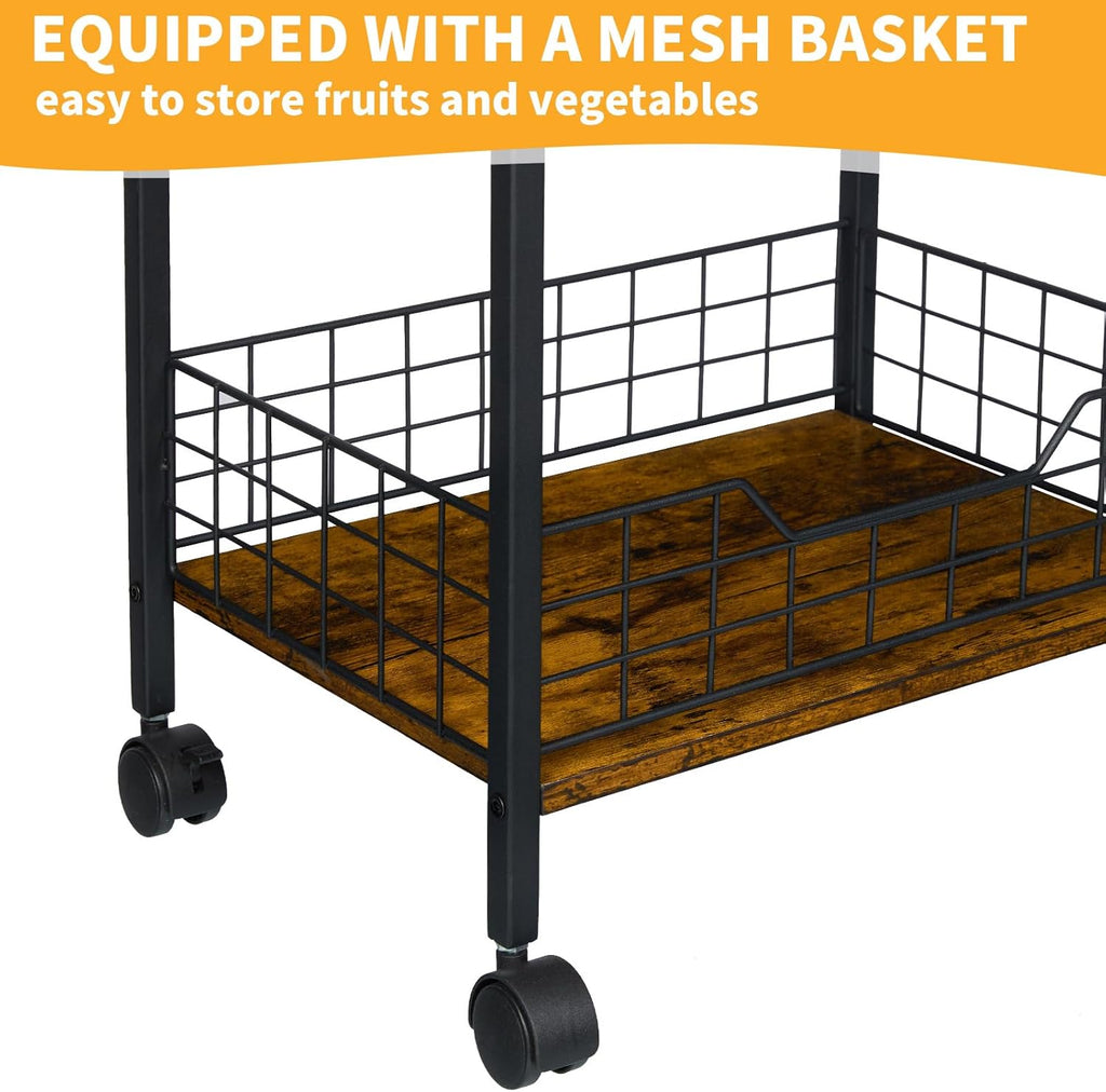 Microwave Stand with Storage, 3-Tier Rolling Kitchen Cart Table with Wire Basket, Wood and Metal Utility Cart on Wheels, Small Coffee Bar Station Cart As Kitchen Island, Microwave Shelf Organizer