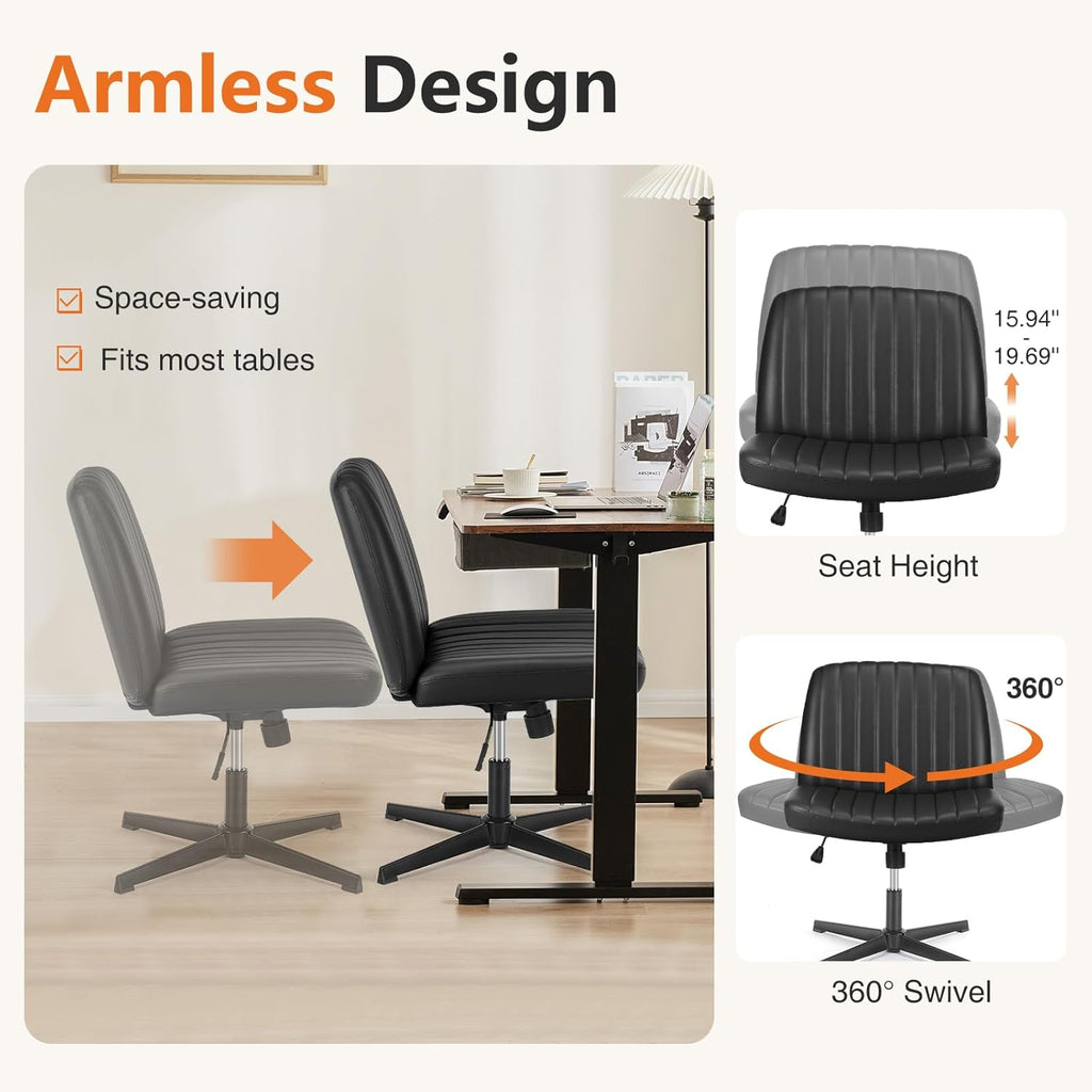 Sweetcrispy Criss Cross Chair Legged, PU Leather Armless Office Swivel Desk Chairs No Wheels, Vanity Height Adjustable Wide Seat Faux Leather Computer Task Chair for Home Bedroom, PU-Black