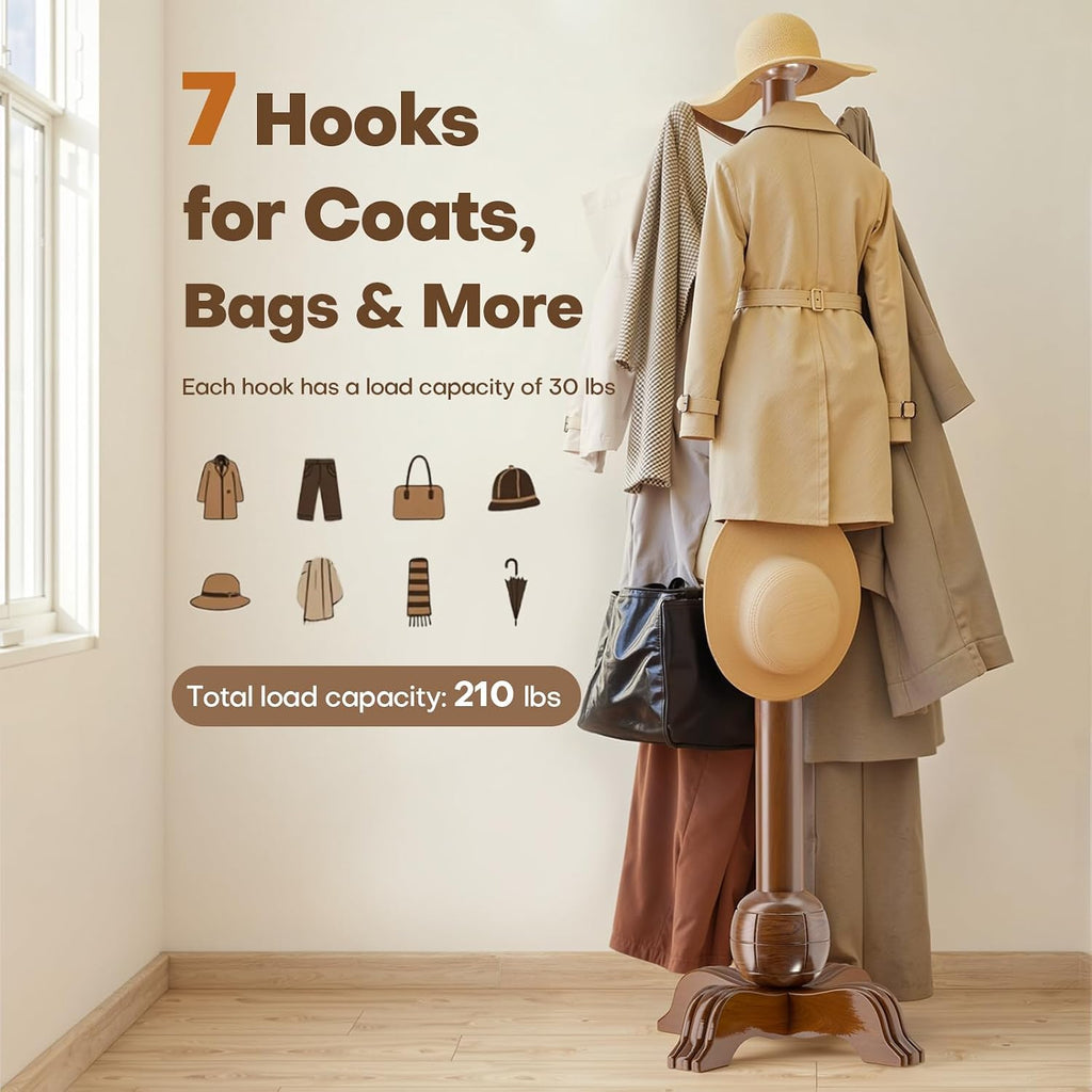 Wooden Coat Rack, 7 Hooks Freestanding Wood Coat Tree Rack with Stable Base | Space-Saving Hall Tree, Heavy Duty Coat Hanger Stand, 210 lbs, Solid Wood Coat Tree for Entryway Hallway Bedroom Office