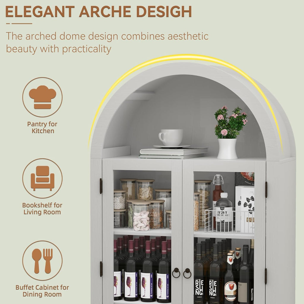 71" Tall Arched Kitchen Pantry Cabinet, Farmhouse Modern Wood Arched Cabinets with Glass Doors & 2 Large Drawers, Perfect for Kitchen, Dining Room, Living Room, Bathroom White