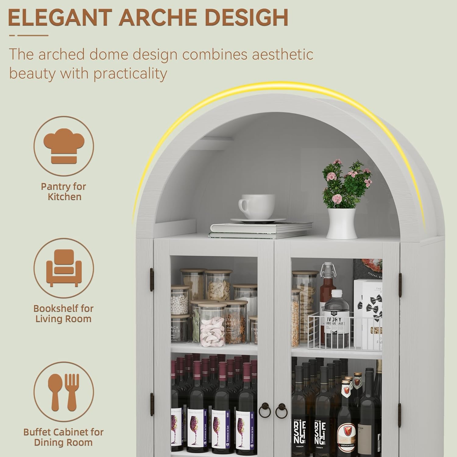 71" Tall Arched Kitchen Pantry Cabinet, Farmhouse Modern Wood Arched Cabinets with Glass Doors & 2 Large Drawers, Perfect for Kitchen, Dining Room, Living Room, Bathroom White