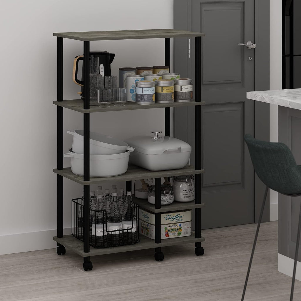 Furinno Turn-N-Tube Bakers Rack with Wheels, 4-Tier Kitchen Storage Cart, Kitchen Cart, Coffee Bar, Pantry Organizers and Storage, Grey Oak