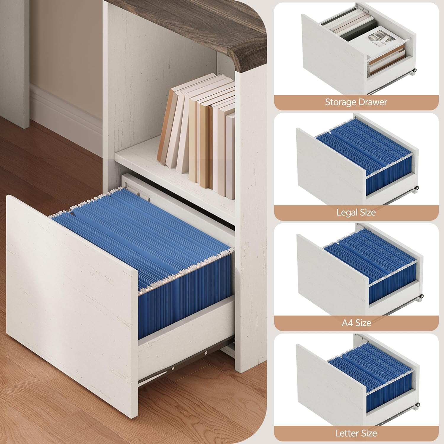 L Shaped Desk with Power Outlets & USB C Port, 59'' Reversible L-Shaped Computer Desk with File Drawer for Letter Legal Size, Corner Office Desk with Storage Shelves, Rounded Corners, White