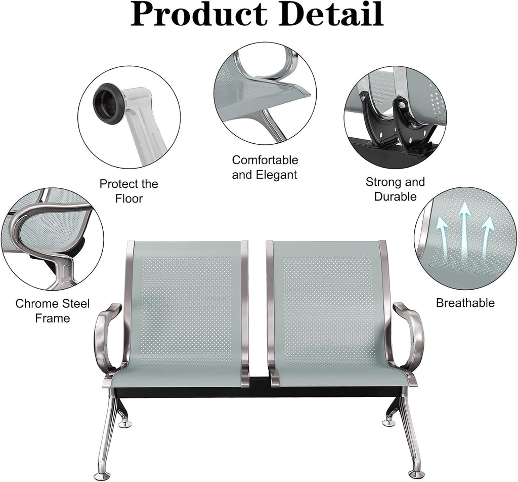Kinfant Silver Waiting Room Chair Set - 2-Seat Waiting Room Bench Office Guest Reception Chair with Armrest for Airport Hospital Bank Salon Lobby(Sliver Mesh, Set of 2)