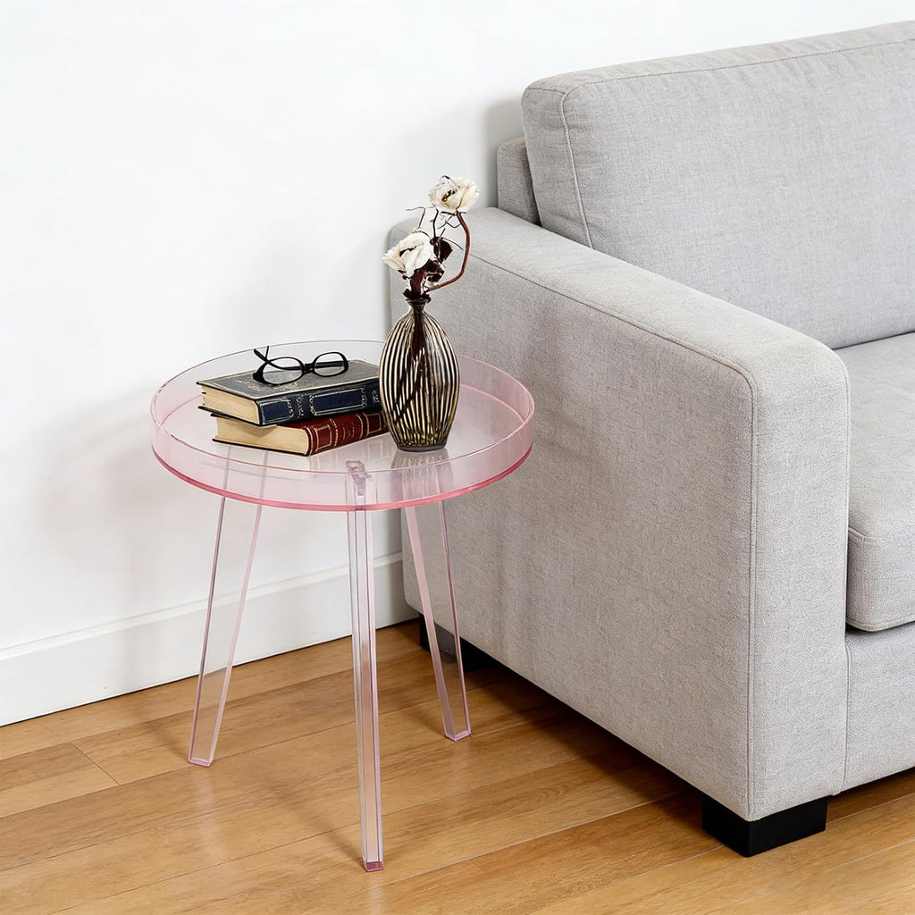 Clear Acrylic Side Table, Modern End Table with Storage Shelf, Small Round Bedside Table Nightstand for Living Room Bedroom Sofa Side, Transparent Accent Table (Pink)