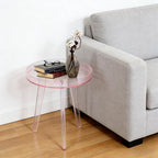 Clear Acrylic Side Table, Modern End Table with Storage Shelf, Small Round Bedside Table Nightstand for Living Room Bedroom Sofa Side, Transparent Accent Table (Pink)