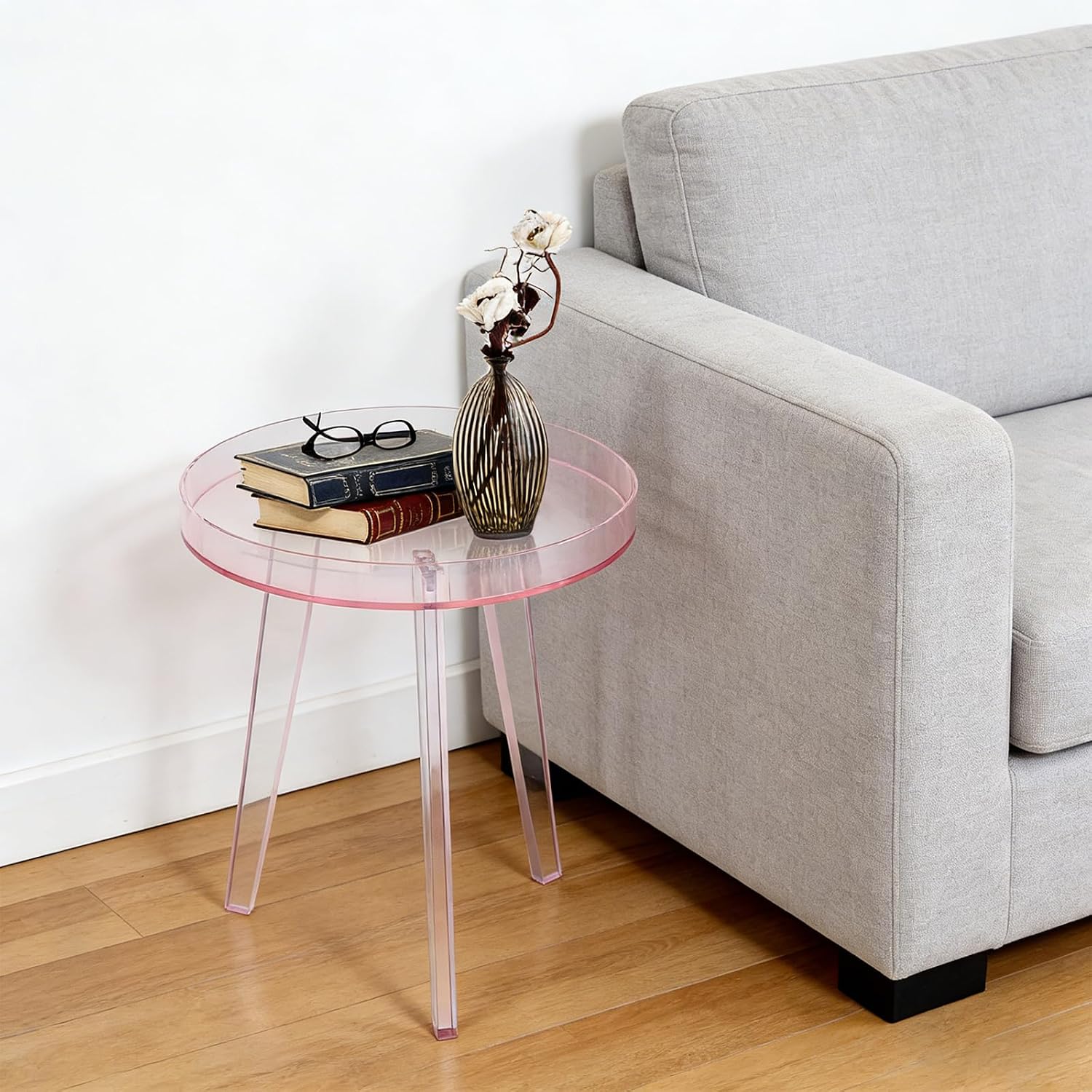 Clear Acrylic Side Table, Modern End Table with Storage Shelf, Small Round Bedside Table Nightstand for Living Room Bedroom Sofa Side, Transparent Accent Table (Pink)