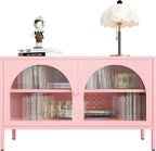 2 Door Metal Accent Storage Cabinet for Music Studio,Living Room,Home,Hotel,Office,2-Tier Steel Storage Locker TV Stand (Translucent Door, New Pink)