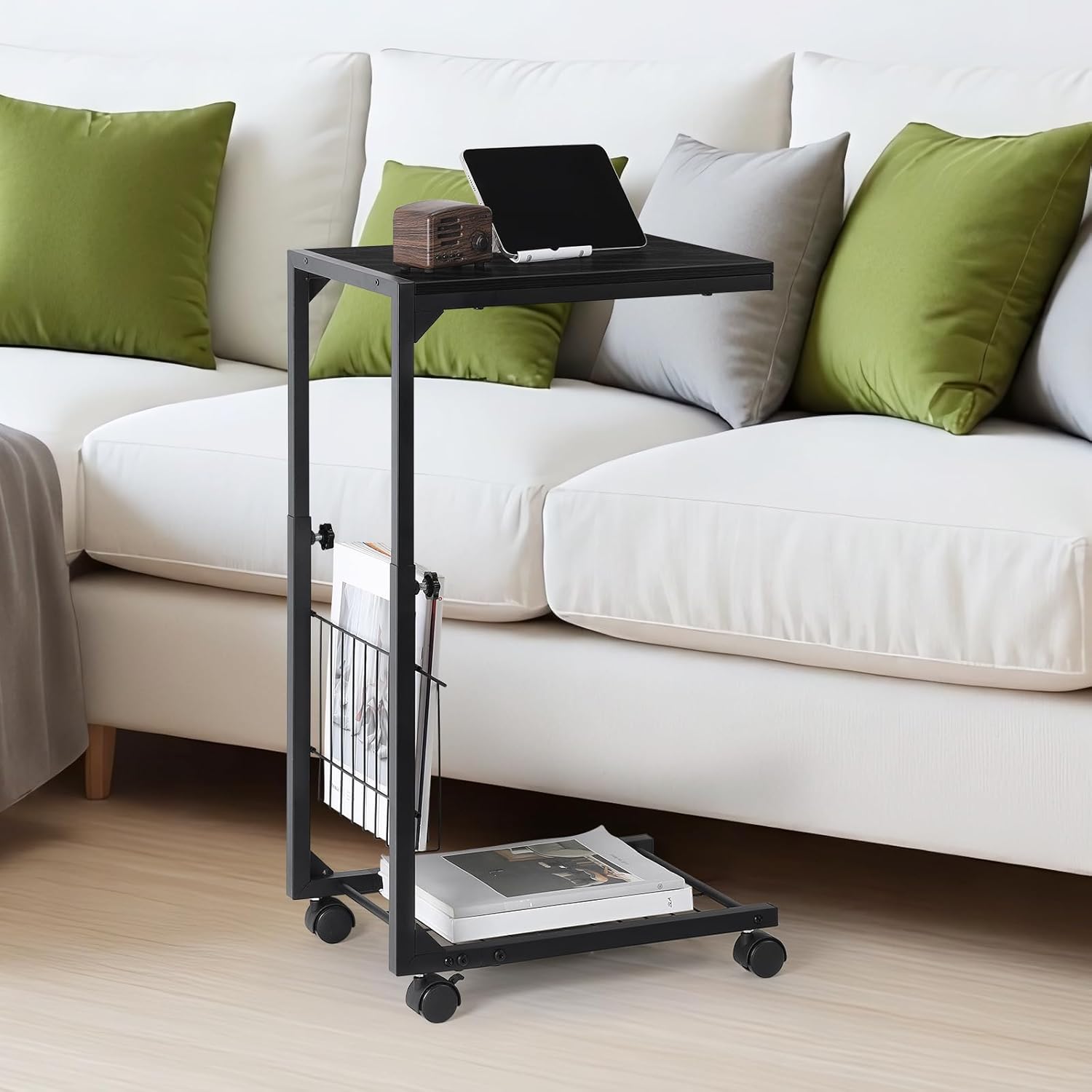 C Shaped End Table Small Side Table with Wheels Slide Under Couch Table for Sofa Adjustable Height C Table with Metal Frame for Living Room Bedroom Bedside, Black