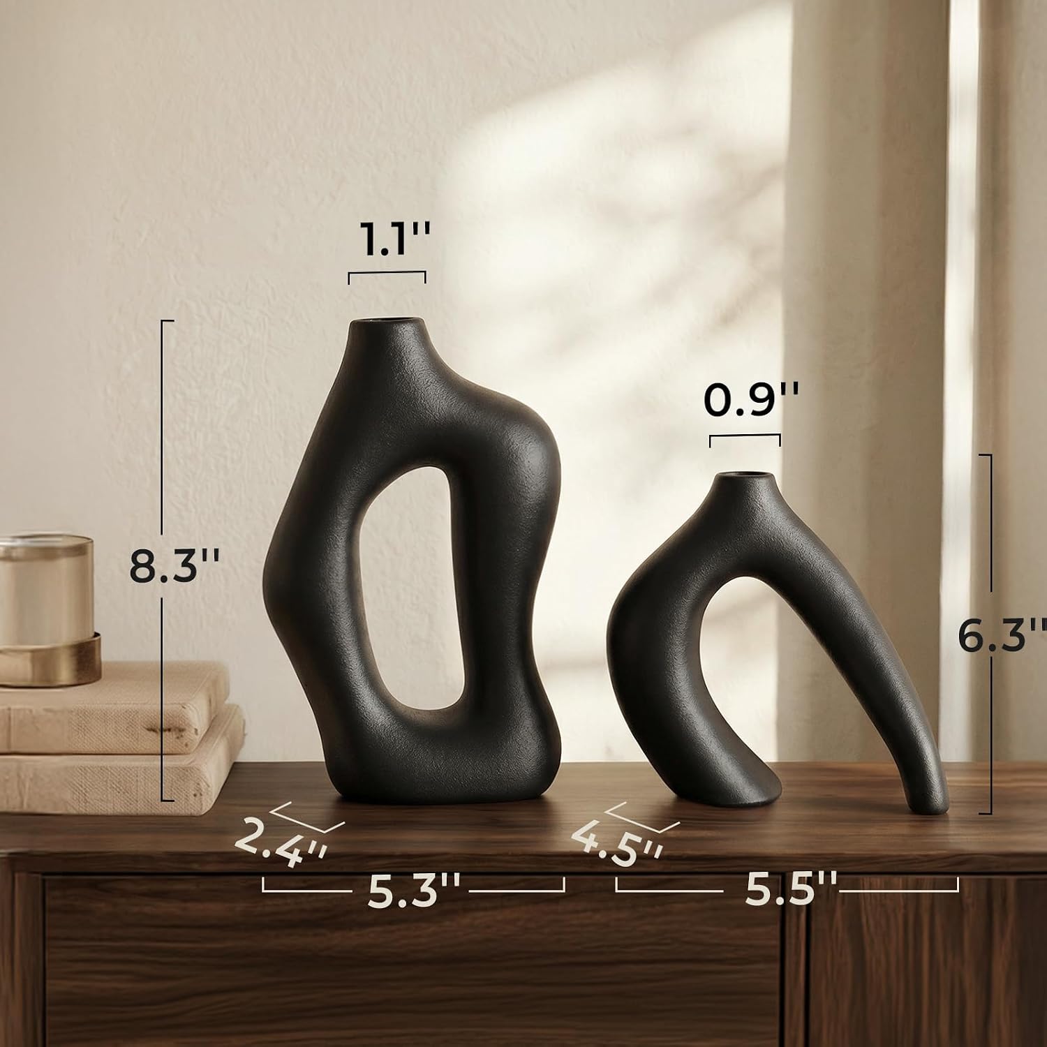 Dowan Black Vases for Decor,Hollow Ceramic Vase Set of 2,7.6" Nordic Modern Boho ins Style Decorative Ceramic Aesthetic Flower Vase for Home Decor Modern Minimalist Table, Entryway Centerpieces