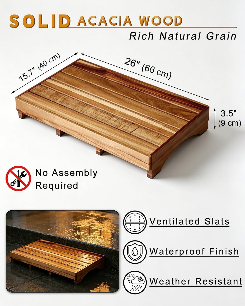 Acacia Wood Bed Step Stool for Adults Elderly Kids, Height 3.5 inches | Wooden Stepping Platform for Bedroom Bathroom Kitchen Porch Garden Outdoor, Weight Capacity 600lbs