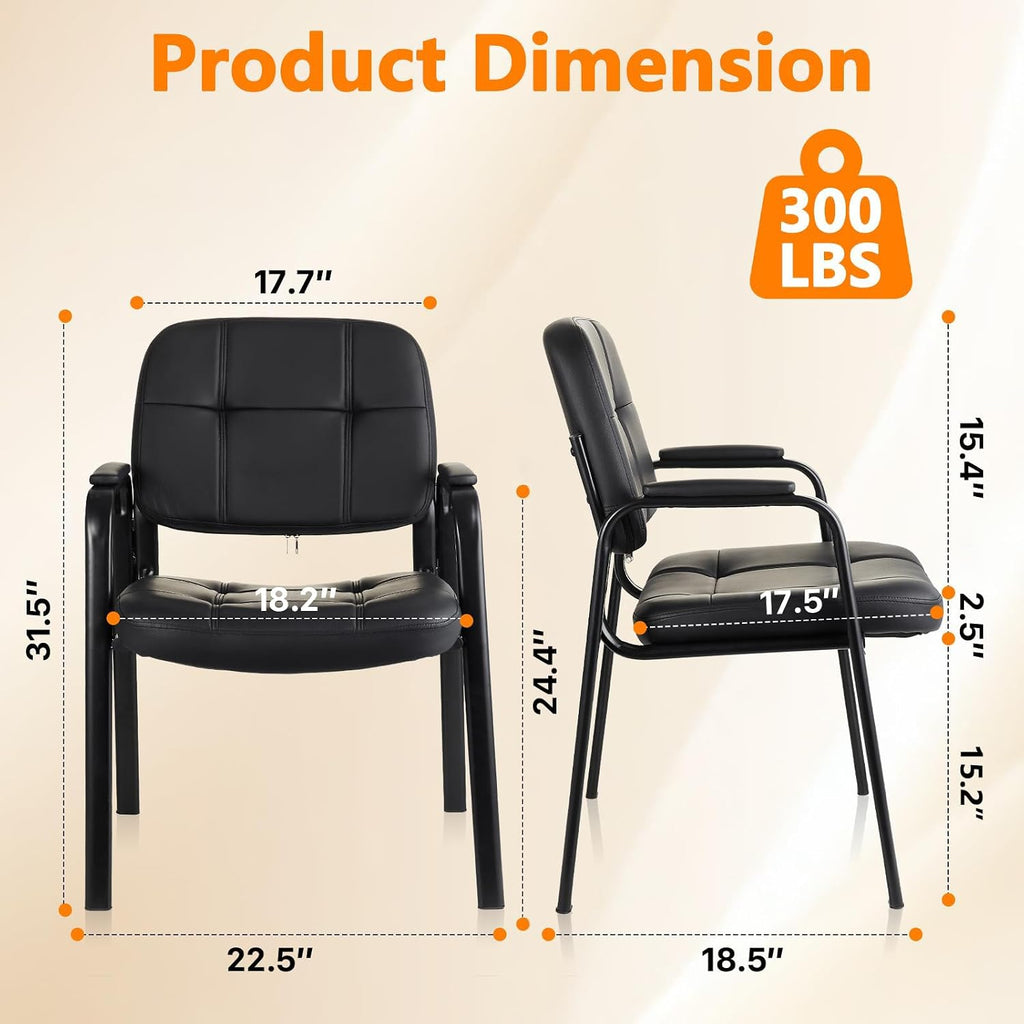 CLATINA Office Reception Guest Chair with Bonded Leather Padded Arm Rest, Ergonomic Guest Chair for Waiting Room Lobby Meeting Church Conference School, Black, 2 Pack