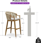 PURPLE LEAF Patio Bar Stools Set of 2 Outdoor Wicker Modern High Bar Chairs Metal Cushioned Barstools with Backs and Ergonomic Armrest for Balcony Garden Indoor Kitchen Island, Teak