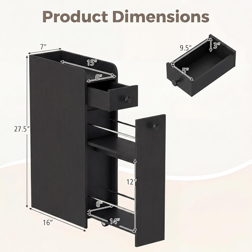 COSTWAY Slim Bathroom Cabinet, 7" Wide Space-Saving Storage with 2-Tier Slide-Out Drawer, Shelf & Toilet Paper Holder, Freestanding Narrow Organizer for Bathroom, Laundry & Small Spaces (Black)