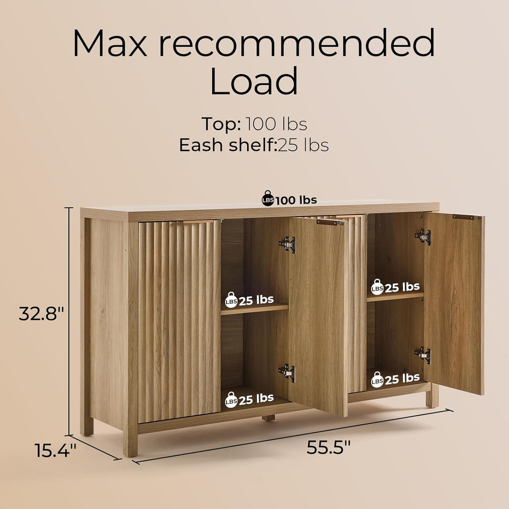 OAKHAM HOME Buffet Cabinet Fluted Sideboard 56" Accent Cabinet with Adjustable Shelves 4 Doors Modern Storage Credenza for Living Room Kitchen Hallway,Golden Oak