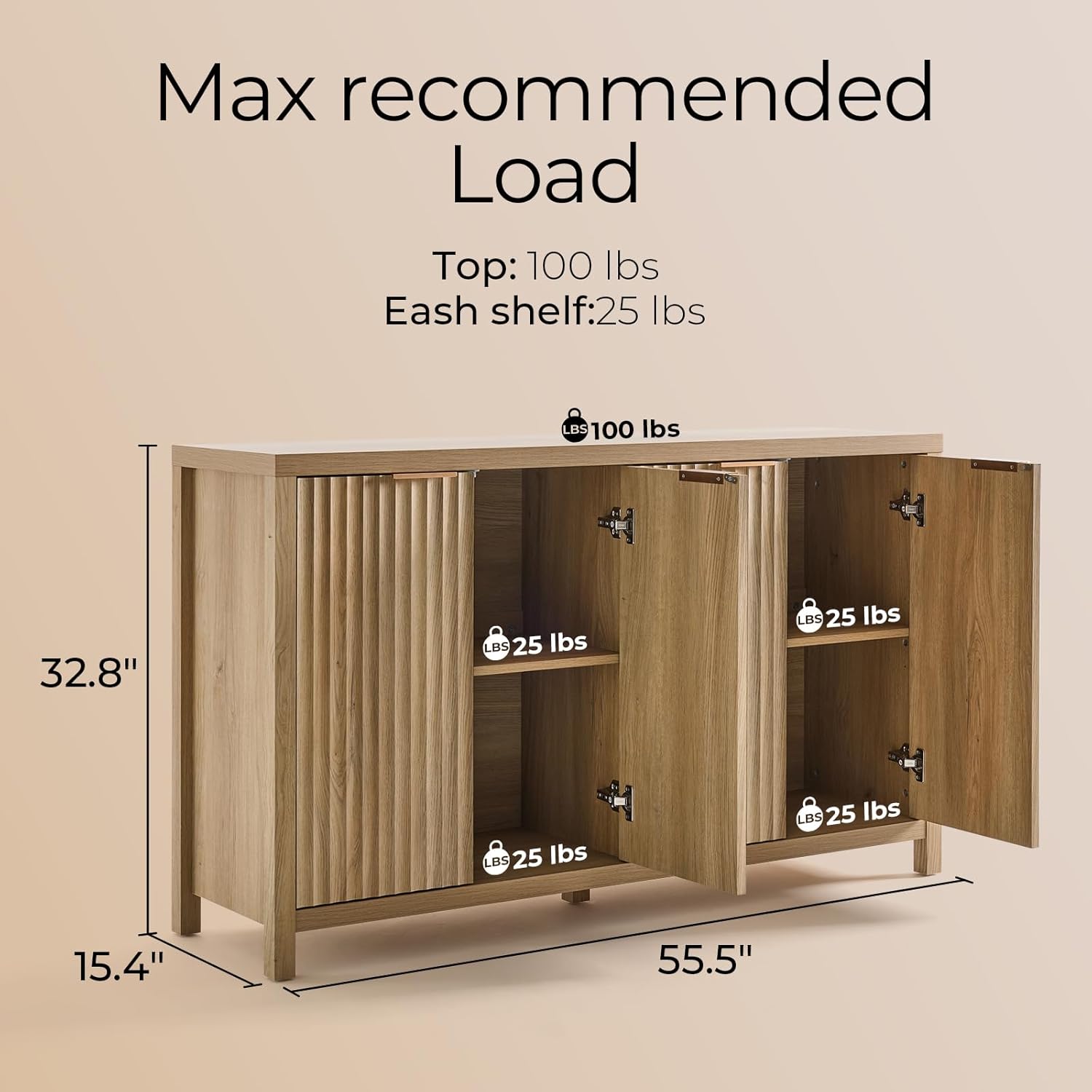 OAKHAM HOME Buffet Cabinet Fluted Sideboard 56" Accent Cabinet with Adjustable Shelves 4 Doors Modern Storage Credenza for Living Room Kitchen Hallway,Golden Oak
