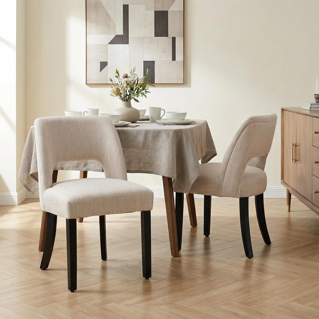 keoni Wooden Dining Chairs Set of 4, Mid Century Modern Upholstered Dining Room Chairs with Black Wood Legs, Fabric Farmhouse Kitchen Chairs with Foot Pegs for Dining Room, Beige