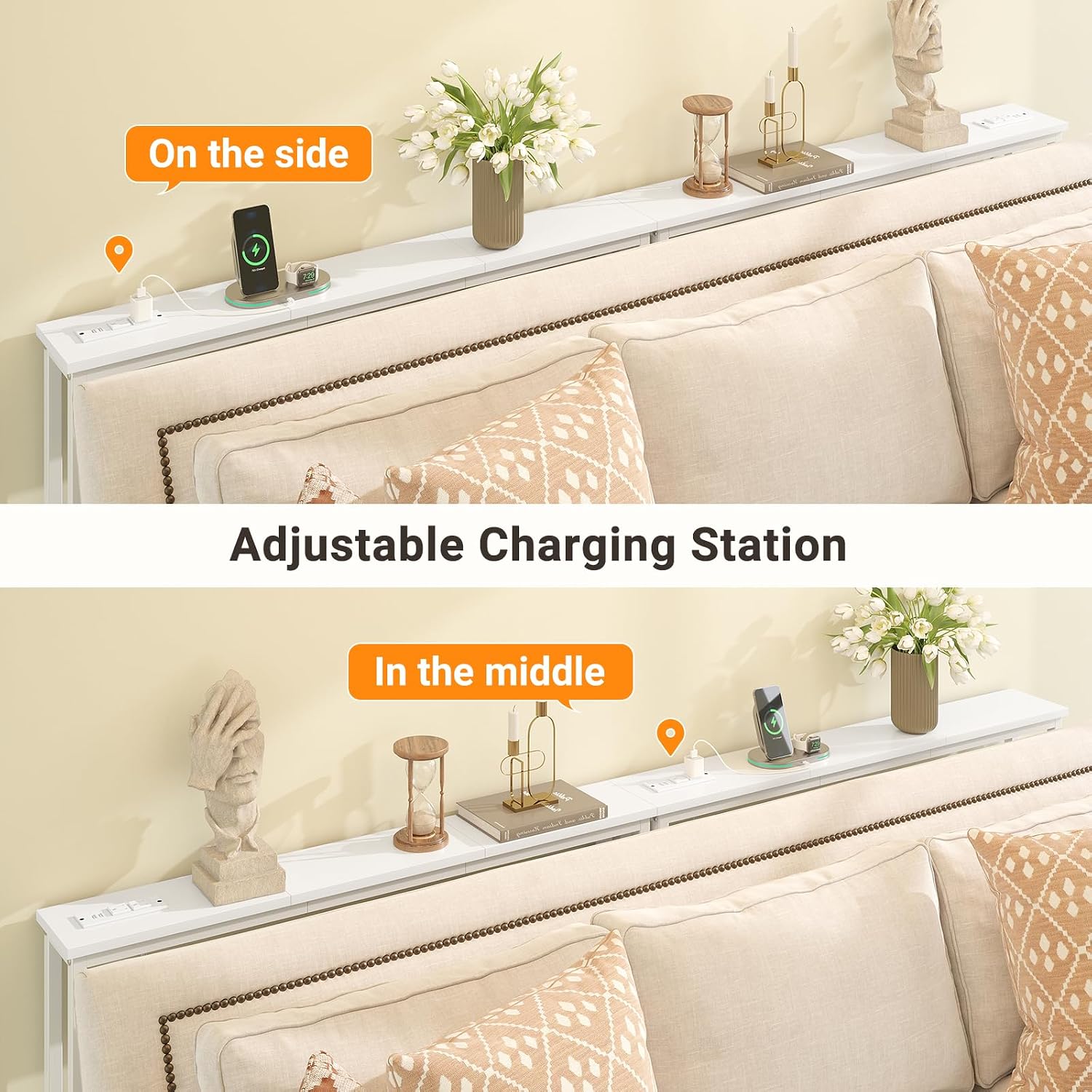 ELYKEN 5.9" Narrow Console Sofa Table with Power Outlets, Total 39.4” Long Behind Couch Table with Charge Station and 4.9’ Extension Cord for Living Room, 5.9" D x 39.4”W x 29.5”H, White