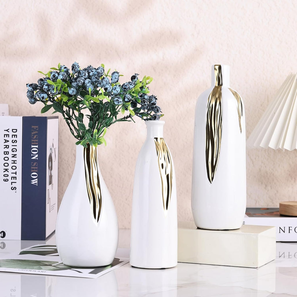 White and Gold Vase Set of 3, Modern Ceramic Decorative Vases for Living Room, Bedroom, Art Decor, Mantle, Home Event Decor, Office Decorative, Weddings, Rustic & Farmhouse (White Gold)
