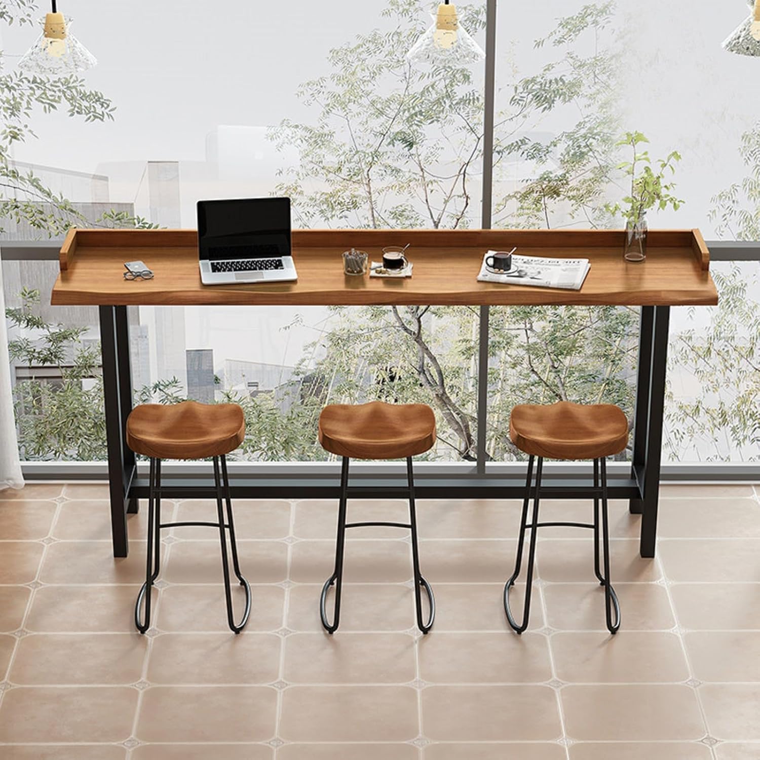 Live Edge Bar Table with Guardrail, 2" Thick Solid Wood Long Narrow High Top Table, Industrial Counter Height Pub Table, Breakfast Tables with Metal Frame for Kitchen, Window, Coffee Bar