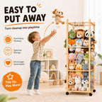 Stuffed Animal Storage & Organizer, Wooden Cute Zoo | 2 Removable Hanging Storage Net, Toy Holder, For Toddler Rooms, Playrooms & Bedrooms